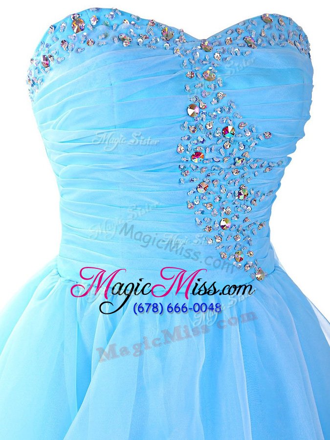 wholesale trendy sweetheart sleeveless prom evening gown mini length beading and ruffled layers aqua blue organza