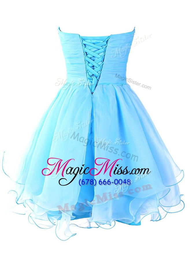 wholesale trendy sweetheart sleeveless prom evening gown mini length beading and ruffled layers aqua blue organza