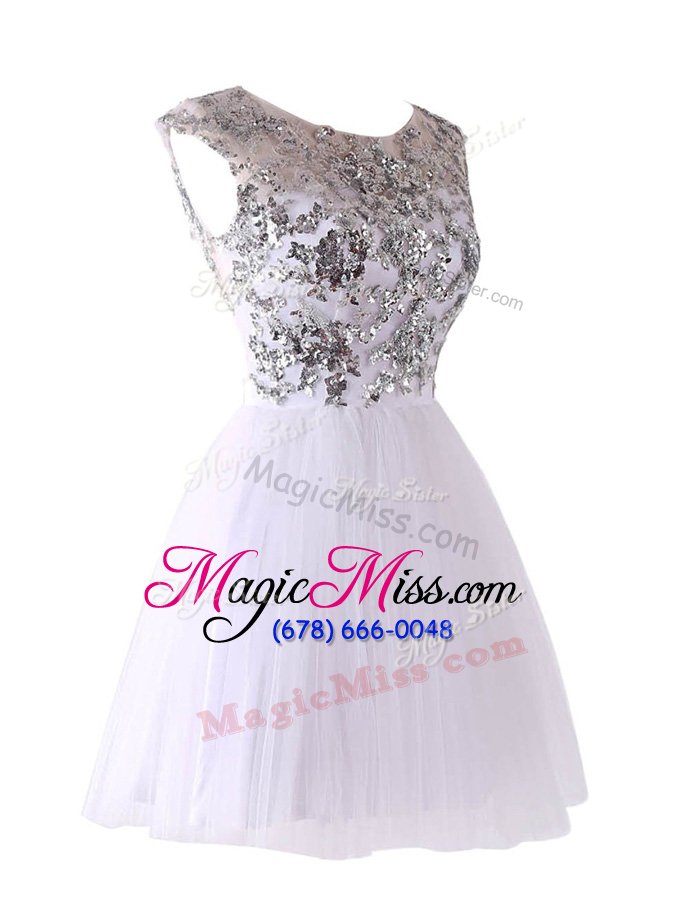 wholesale flare tulle scoop cap sleeves backless sequins evening dresses in white