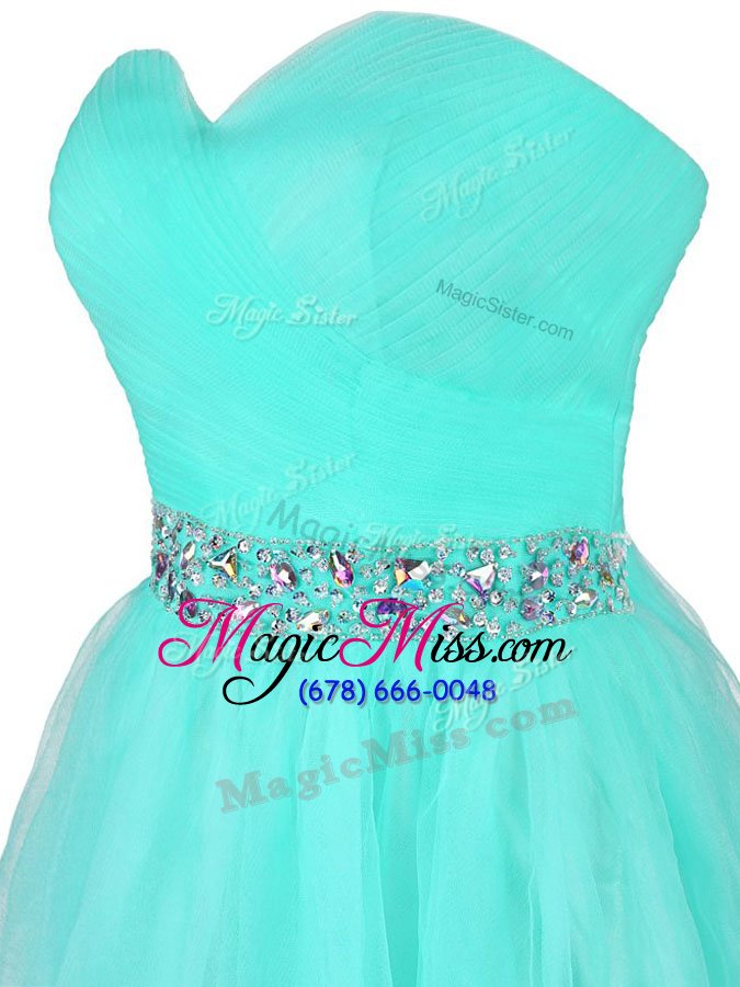 wholesale hot sale turquoise a-line sweetheart sleeveless organza mini length zipper beading and ruffled layers prom gown
