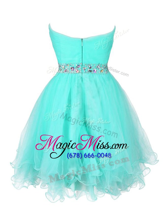 wholesale hot sale turquoise a-line sweetheart sleeveless organza mini length zipper beading and ruffled layers prom gown