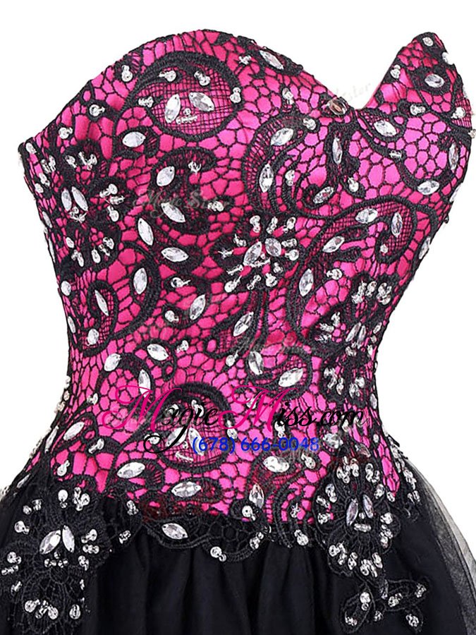 wholesale hot selling mini length pink and black evening dresses tulle sleeveless beading and lace