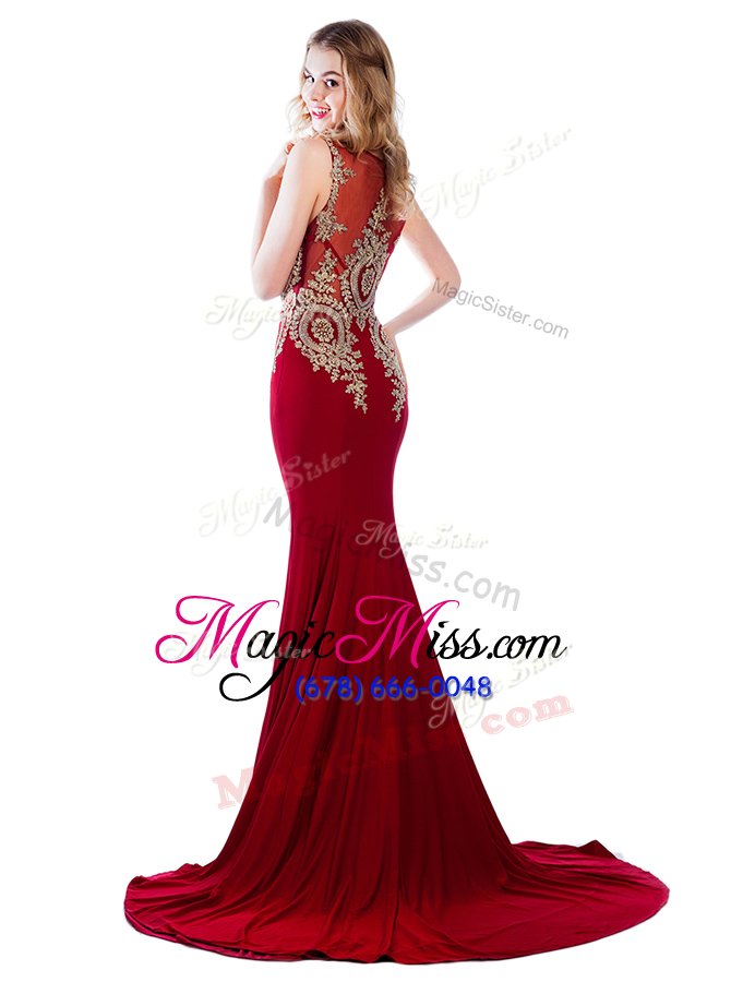 wholesale classical scoop lace and appliques prom dresses red side zipper sleeveless with brush train