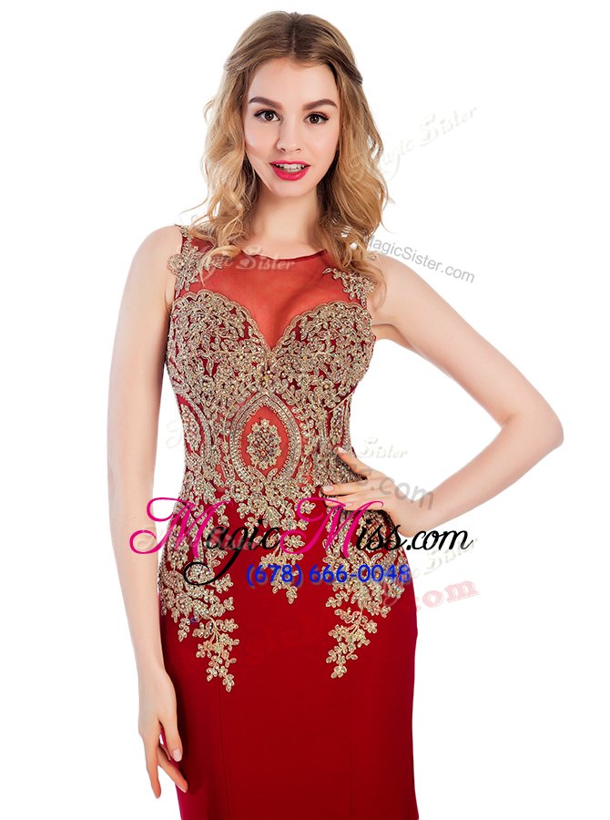 wholesale classical scoop lace and appliques prom dresses red side zipper sleeveless with brush train