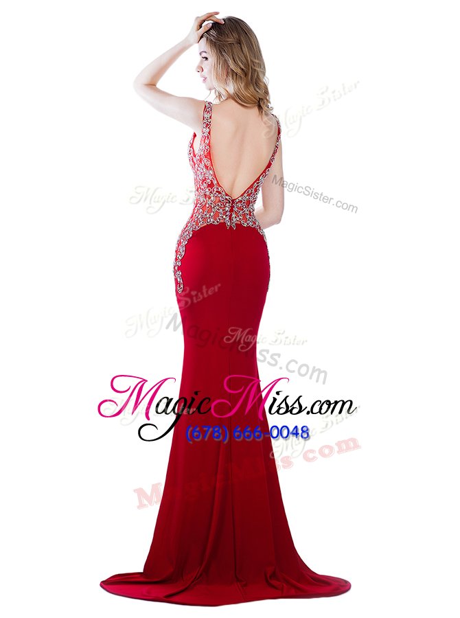 wholesale graceful watermelon red mermaid v-neck sleeveless silk like satin with brush train backless beading dress for prom