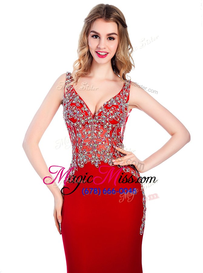 wholesale graceful watermelon red mermaid v-neck sleeveless silk like satin with brush train backless beading dress for prom