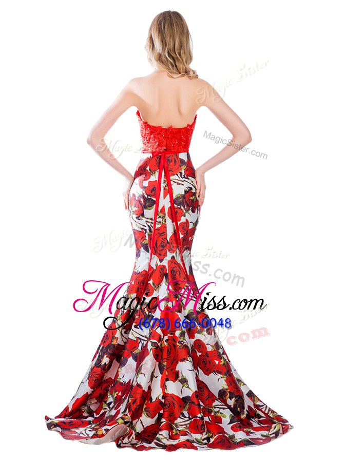 wholesale great mermaid halter top printed multi-color sleeveless brush train lace and pattern with train prom dress