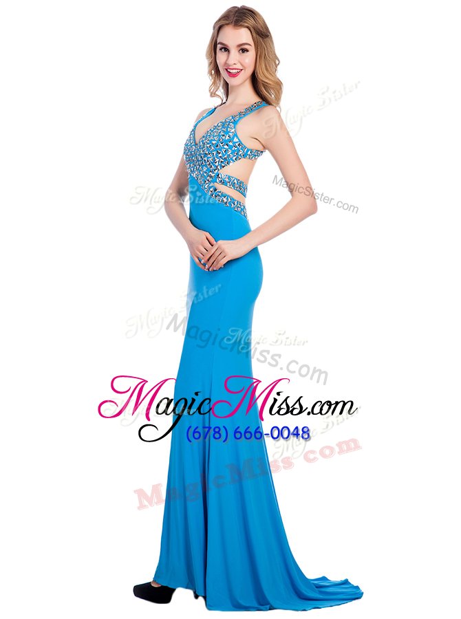 wholesale v-neck sleeveless clasp handle dress for prom baby blue silk like satin