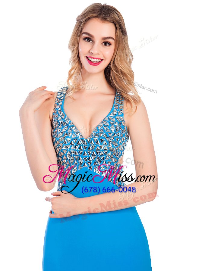 wholesale v-neck sleeveless clasp handle dress for prom baby blue silk like satin
