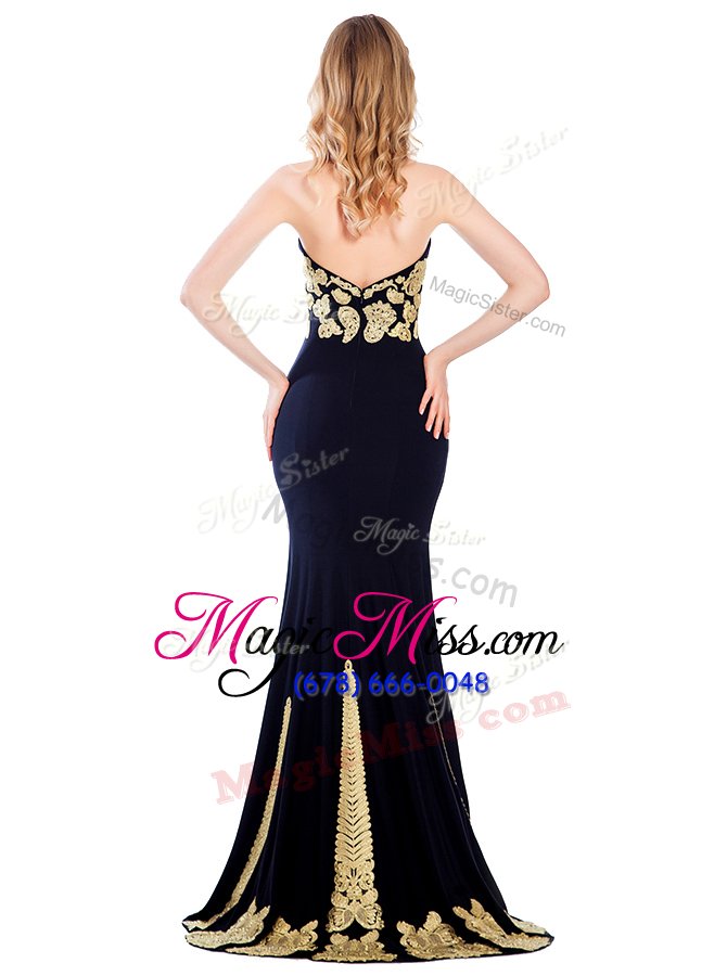 wholesale fancy gold mermaid strapless sleeveless satin with train sweep train zipper appliques evening dress