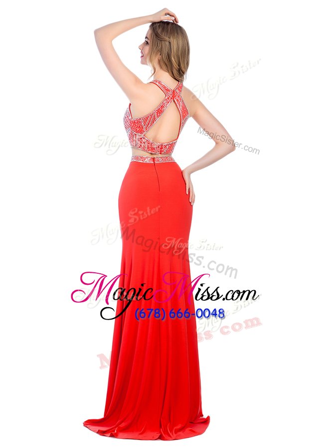 wholesale on sale beading prom dresses coral red criss cross sleeveless with train sweep train