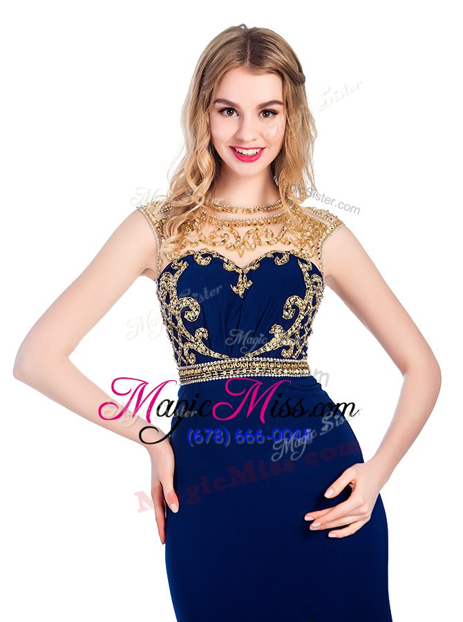 wholesale trendy beading and appliques womens evening dresses navy blue zipper sleeveless with train sweep train