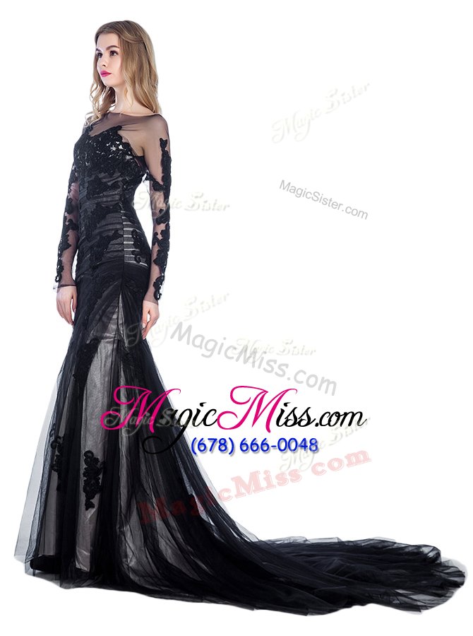 wholesale fitting mermaid bateau long sleeves mother of the bride dress with train court train lace black tulle