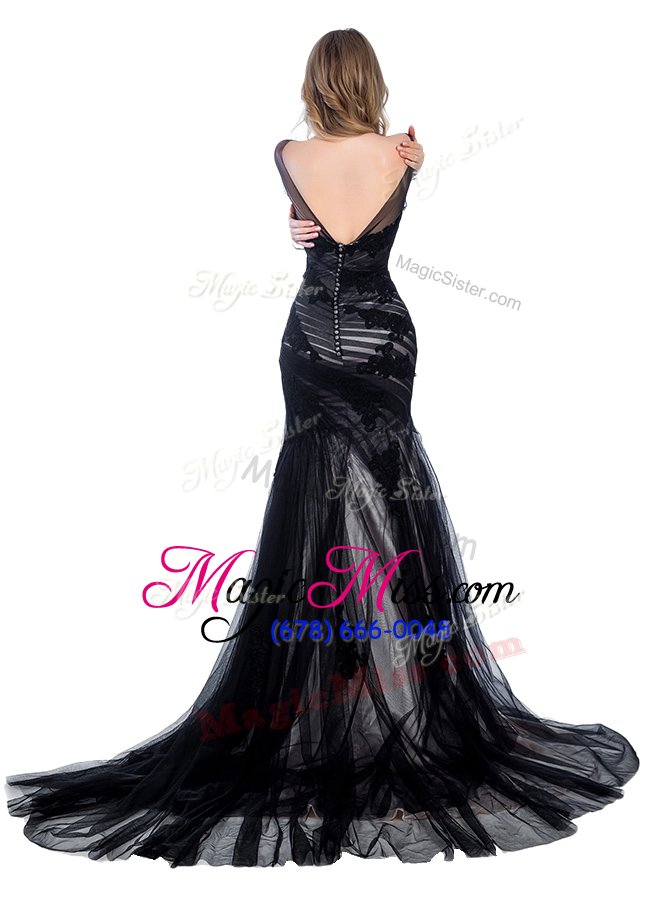 wholesale fitting mermaid bateau long sleeves mother of the bride dress with train court train lace black tulle