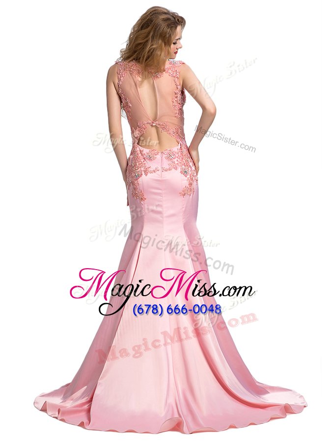 wholesale suitable mermaid scoop sleeveless prom dress with brush train beading baby pink silk like satin