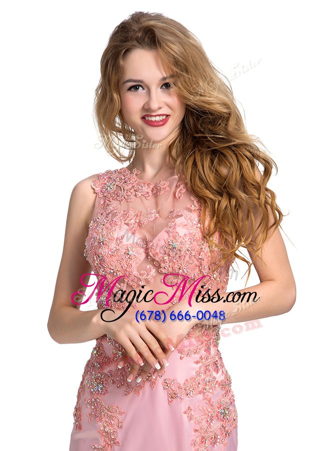 wholesale suitable mermaid scoop sleeveless prom dress with brush train beading baby pink silk like satin