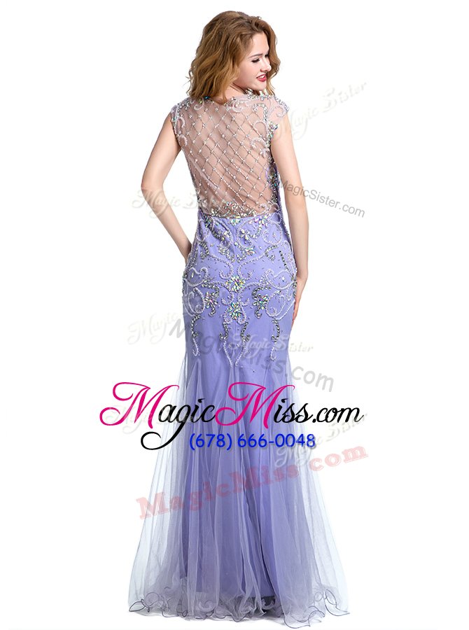 wholesale custom designed mermaid lilac scoop neckline beading evening dress cap sleeves side zipper