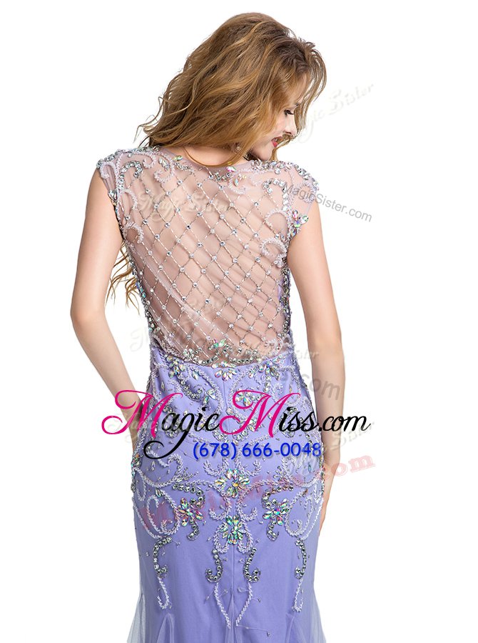 wholesale custom designed mermaid lilac scoop neckline beading evening dress cap sleeves side zipper