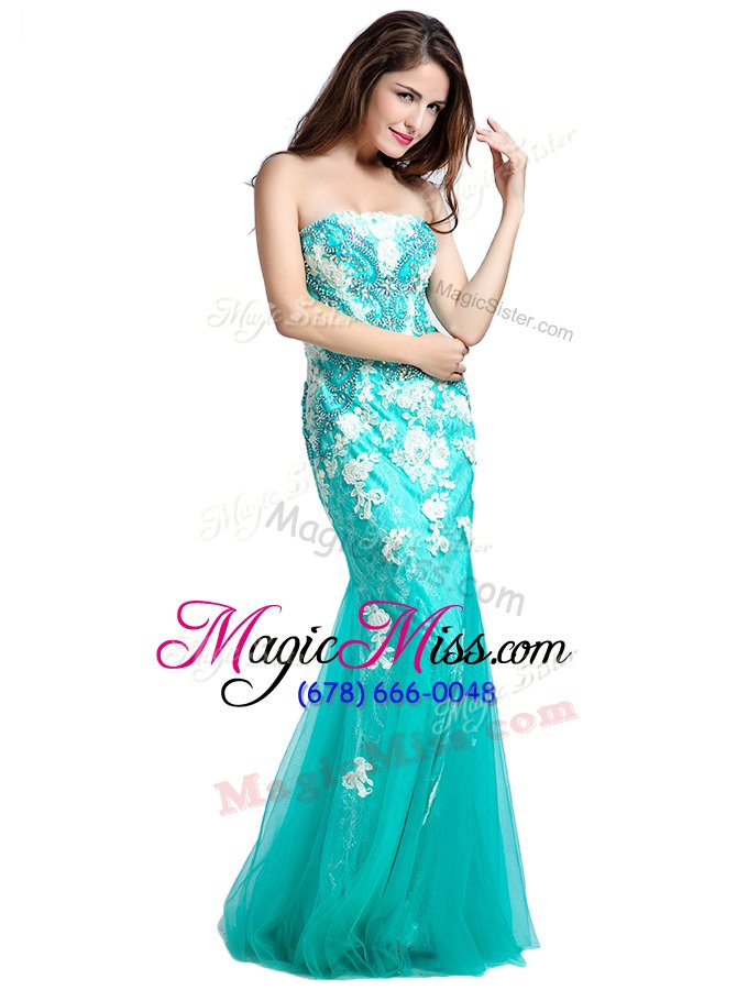 wholesale on sale mermaid turquoise sleeveless beading and appliques floor length pageant dress womens
