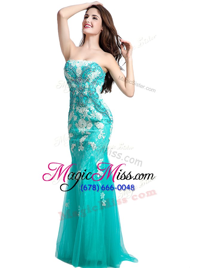 wholesale on sale mermaid turquoise sleeveless beading and appliques floor length pageant dress womens