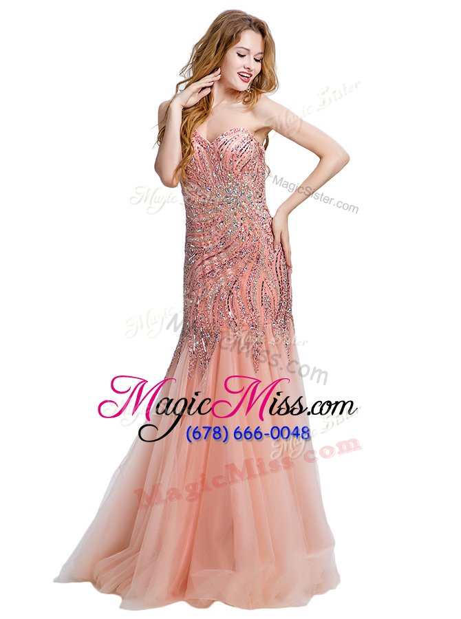 wholesale customized mermaid tulle one shoulder sleeveless side zipper beading prom evening gown in baby pink