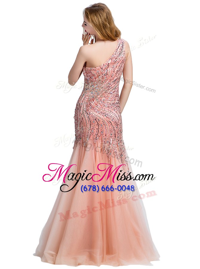 wholesale customized mermaid tulle one shoulder sleeveless side zipper beading prom evening gown in baby pink