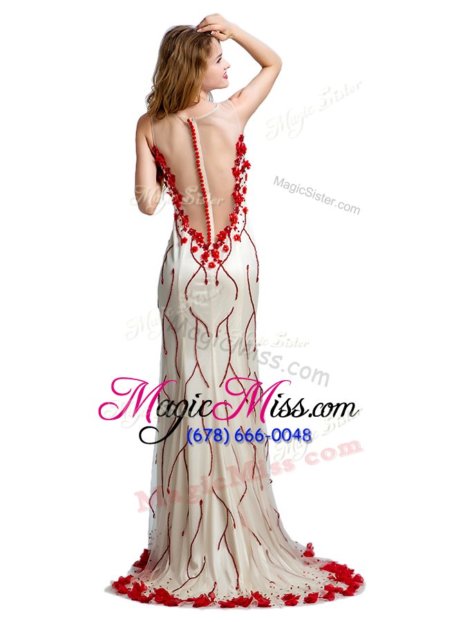 wholesale high end scoop red clasp handle prom party dress hand made flower sleeveless with train sweep train