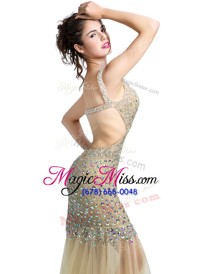 wholesale sophisticated mermaid beading prom gown champagne backless sleeveless floor length