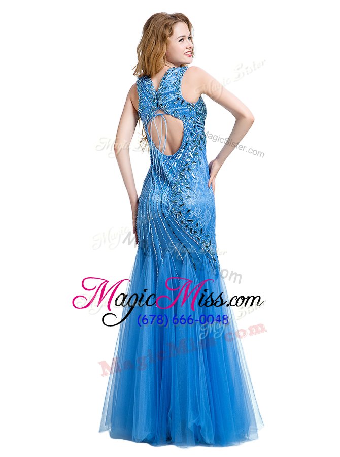 wholesale modern mermaid baby blue sleeveless floor length beading and appliques zipper prom evening gown