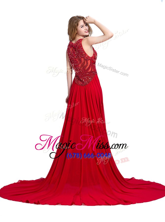 wholesale artistic scoop sleeveless formal dresses with train court train beading red silk like satin