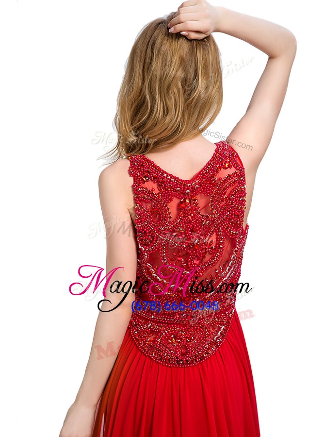 wholesale artistic scoop sleeveless formal dresses with train court train beading red silk like satin