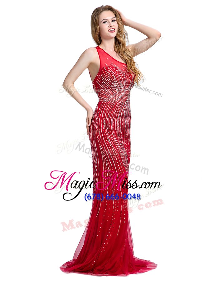 wholesale custom design red one shoulder neckline beading prom dress sleeveless zipper