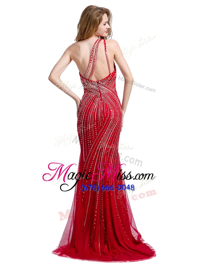 wholesale custom design red one shoulder neckline beading prom dress sleeveless zipper