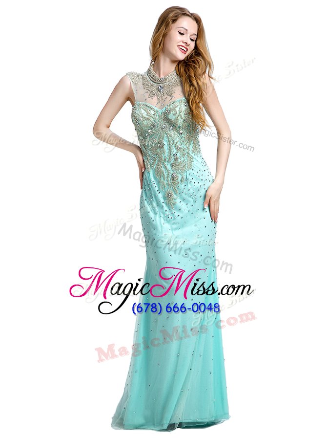 wholesale stunning beading dress for prom turquoise zipper sleeveless with brush train