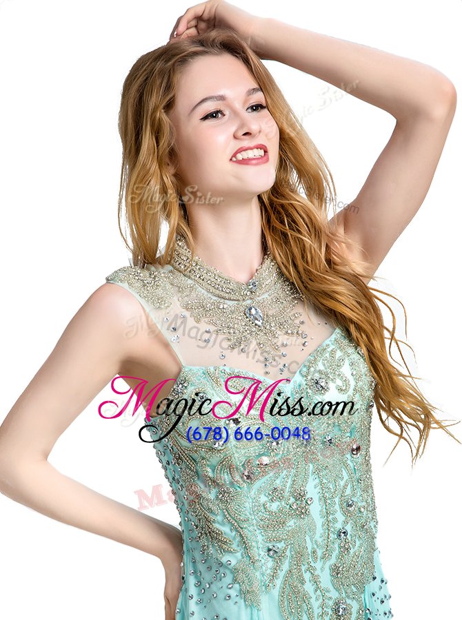 wholesale stunning beading dress for prom turquoise zipper sleeveless with brush train