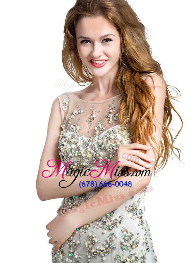 wholesale stylish white scoop backless beading prom party dress brush train sleeveless