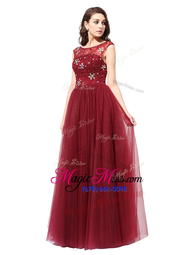 wholesale smart scoop sleeveless tulle floor length zipper prom dresses in wine red for with beading