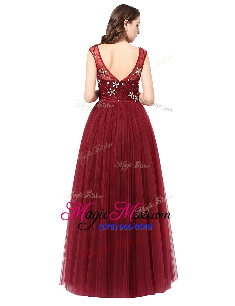 wholesale smart scoop sleeveless tulle floor length zipper prom dresses in wine red for with beading