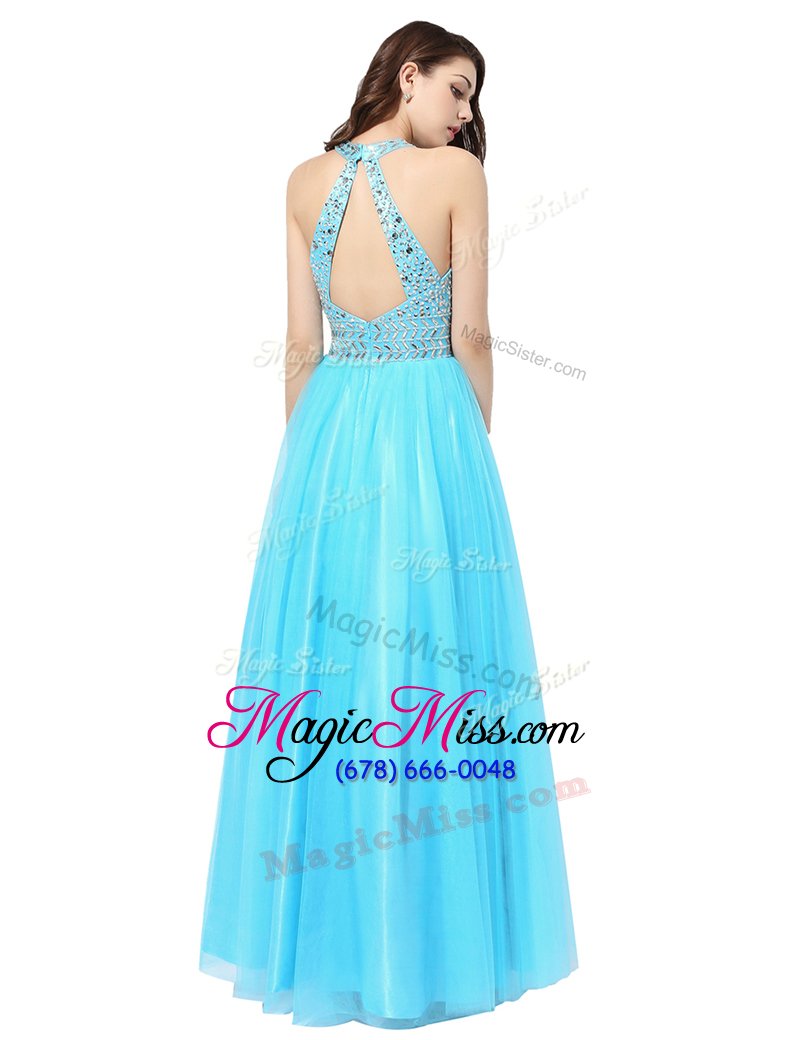 wholesale edgy aqua blue column/sheath tulle scoop sleeveless beading floor length zipper evening dress