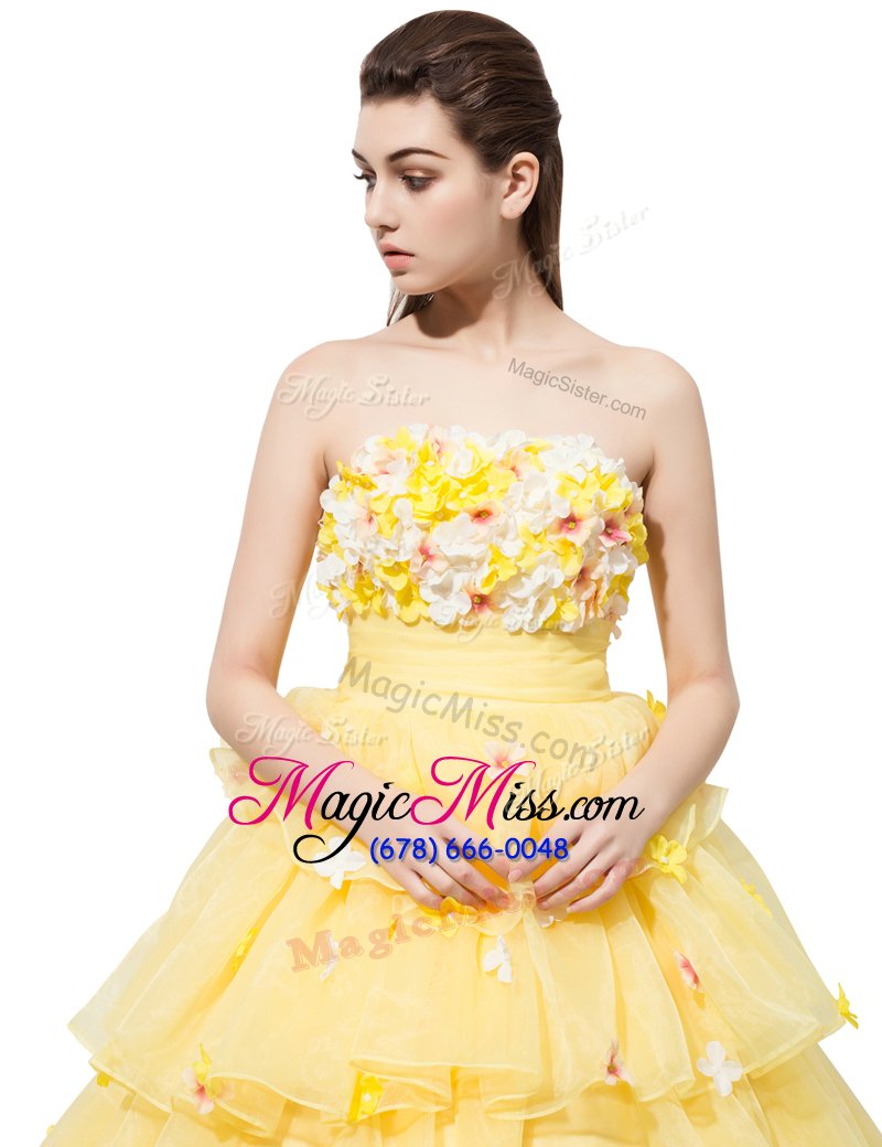 wholesale comfortable yellow organza lace up strapless sleeveless with train military ball dresses for women ruffled layers and hand made flower