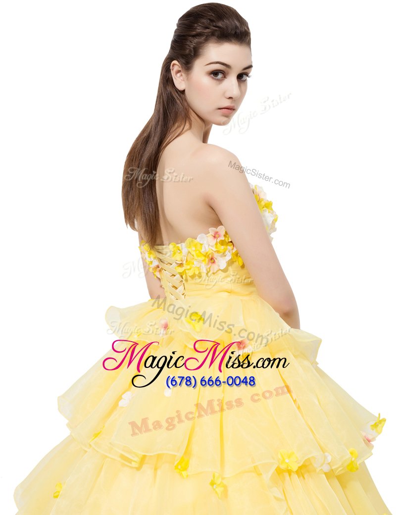 wholesale comfortable yellow organza lace up strapless sleeveless with train military ball dresses for women ruffled layers and hand made flower