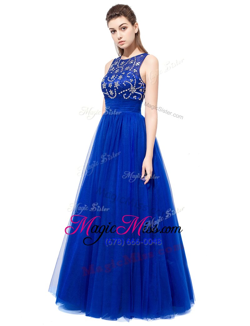 wholesale scoop sleeveless floor length beading backless prom evening gown with royal blue