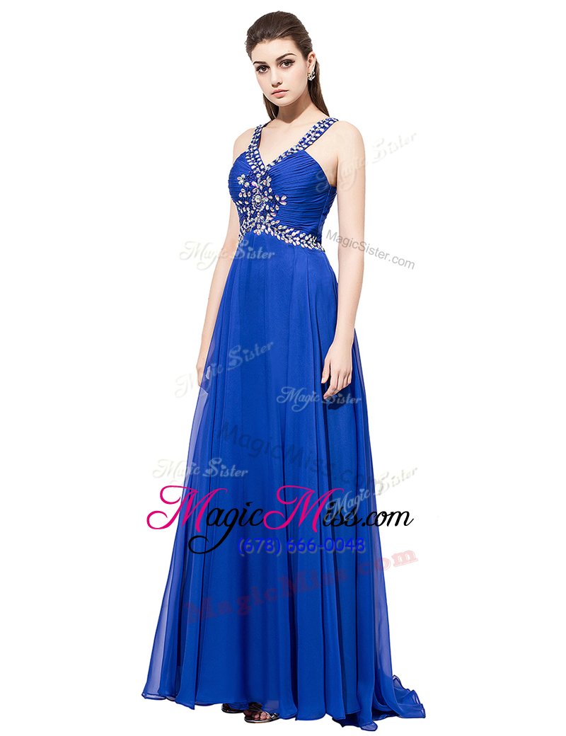wholesale fashion royal blue criss cross v-neck beading prom party dress chiffon sleeveless sweep train
