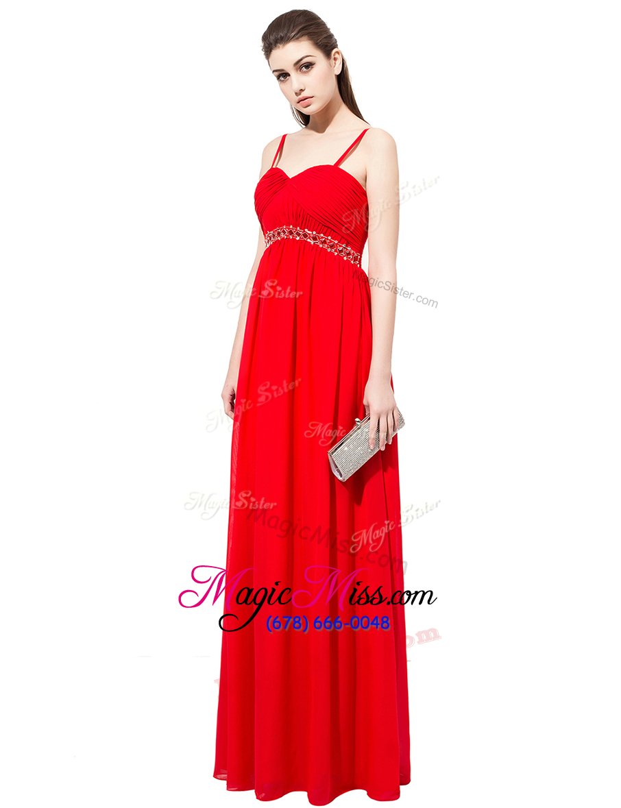 wholesale cheap floor length red prom dress chiffon sleeveless beading