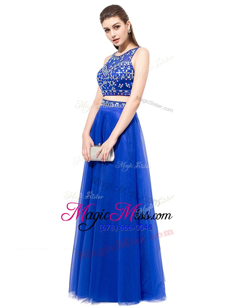wholesale inexpensive scoop royal blue two pieces beading prom gown lace up tulle sleeveless floor length