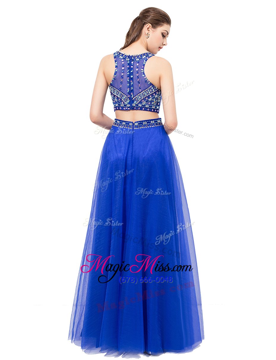 wholesale inexpensive scoop royal blue two pieces beading prom gown lace up tulle sleeveless floor length