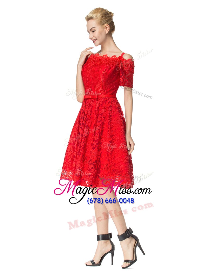 wholesale custom design lace off the shoulder sleeveless zipper lace prom gown in red