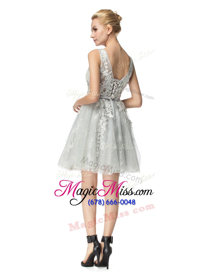 wholesale noble knee length grey prom gown scoop sleeveless lace up
