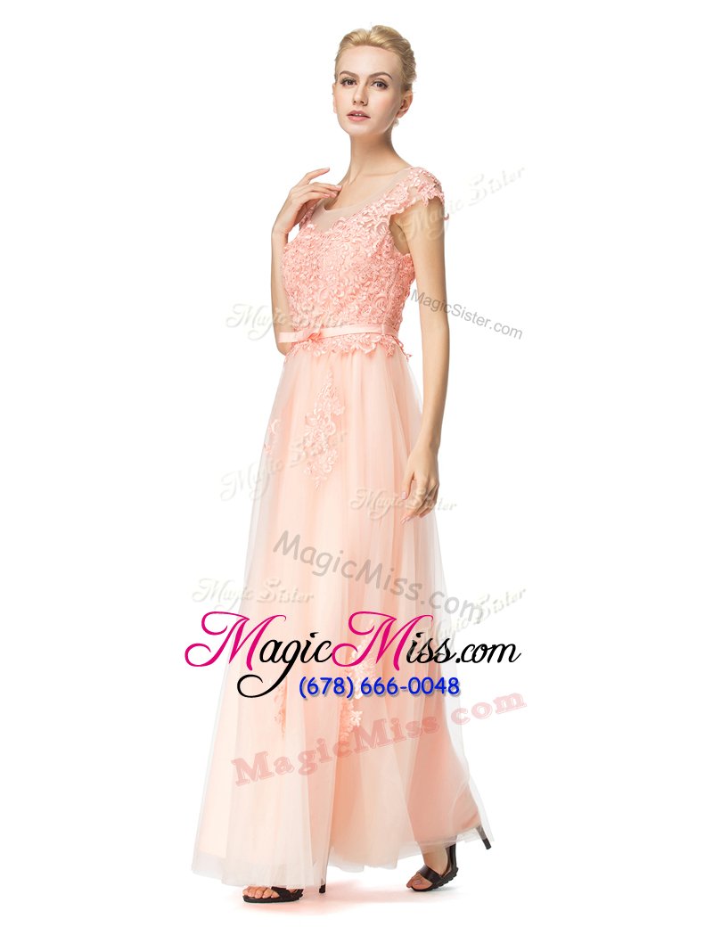 wholesale custom design baby pink tulle zipper scoop cap sleeves floor length homecoming dress lace