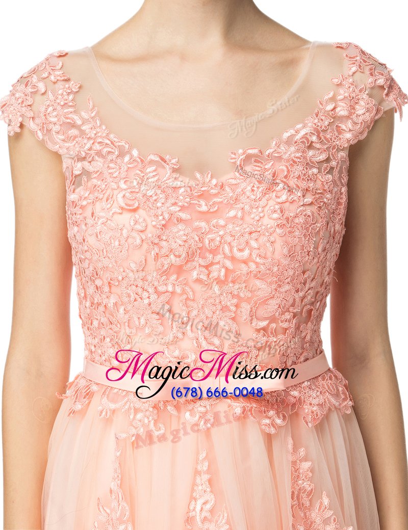 wholesale custom design baby pink tulle zipper scoop cap sleeves floor length homecoming dress lace